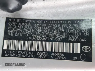 2014 Toyota Prius Four z VIN JTDKN3DU6E1819587, wystawiony jako Copart lot #56033445 z przebiegiem 190 344 mil mil oraz Szkoda całkowita • Salvage title. Historia ofert i sprzedaży dostępna na DreamBid. Obrazek 12.