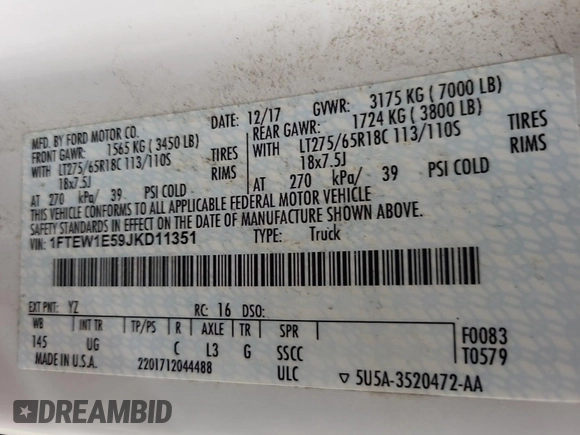 2018 Ford F-150 XL with VIN 1FTEW1E59JKD11351, listed as a IAAI auction lot 42663848 with 128,761 mi miles and . Bid and sale history available at DreamBid. Image 40.