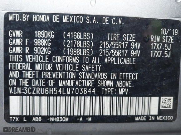 2020 Honda HR-V EX with VIN 3CZRU6H54LM703644, listed as a IAAI auction lot 41132848 with 99,539 mi miles. Bid and sale history available at carsss.com. Image 9.