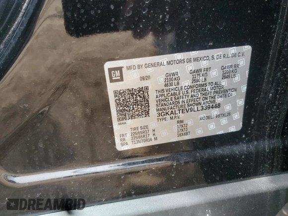 2020 GMC Terrain SLE with VIN 3GKALTEV9LL339448, listed as a Copart auction lot 55517915 with 33,250 mi miles and Salvage title. Bid and sale history available at DreamBid. Image 13.