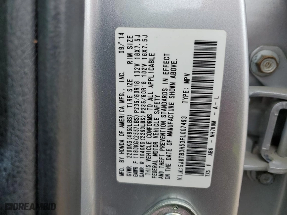 2015 Acura RDX Tech Pkg with VIN 5J8TB3H53FL007493, listed as a Copart auction lot 50200275 with 0 mi miles and Salvage Title. Bid and sale history available at carsss.com. Image 15.