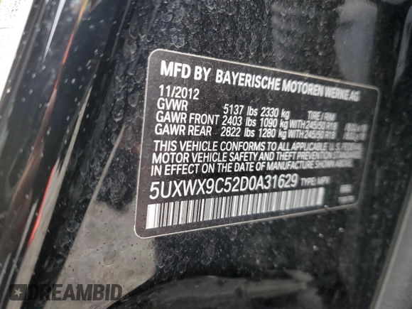 2013 BMW X3 xDrive28i with VIN 5UXWX9C52D0A31629, listed as a Copart auction lot 55024125 with 90,189 mi miles and Clean Title. Bid and sale history available at carsss.com. Image 13.