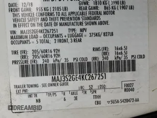 2019 Ford EcoSport SE with VIN MAJ3S2GE4KC267251, listed as a Copart auction lot 48127705 with 39,245 mi miles and Salvage Title. Bid and sale history available at DreamBid. Image 13.