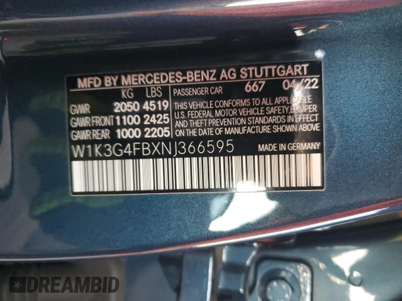 2022 Mercedes-Benz A 220 with VIN W1K3G4FBXNJ366595, listed as a Copart auction lot 41564805 with 33,487 mi miles and Salvage Title. Bid and sale history available at DreamBid. Image 12.