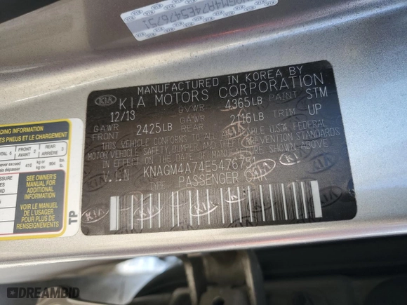 2014 Kia Optima LX with VIN KNAGM4A74E5476751, listed as a Copart auction lot 49802185 with 0 mi miles and Clean Title. Bid and sale history available at carsss.com. Image 12.