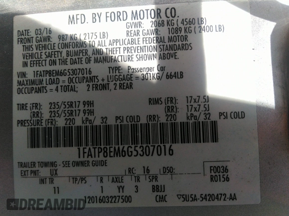 2016 Ford Mustang V6 z VIN 1FATP8EM6G5307016, wystawiony jako IAAI lot #41940022 z przebiegiem 88 196 mil mil oraz . Historia ofert i sprzedaży dostępna na DreamBid. Obrazek 9.