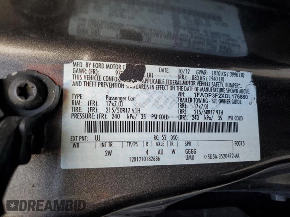2013 Ford Focus SE with VIN 1FADP3F2XDL176880, listed as a Copart auction lot 47260975 with 102,869 mi miles and Salvage Title. Bid and sale history available at carsss.com. Image 12.