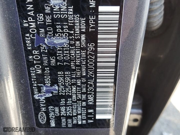 2019 Hyundai Tucson SEL with VIN KM8J3CAL2KU002796, listed as a Copart auction lot 45335445 with 71,038 mi miles and Salvage Title. Bid and sale history available at carsss.com. Image 13.