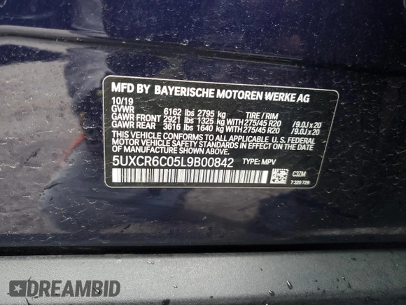 2020 BMW X5 xDrive40i with VIN 5UXCR6C05L9B00842, listed as a Copart auction lot 53187955 with Not provided miles and Salvage title. Bid and sale history available at DreamBid. Image 12.