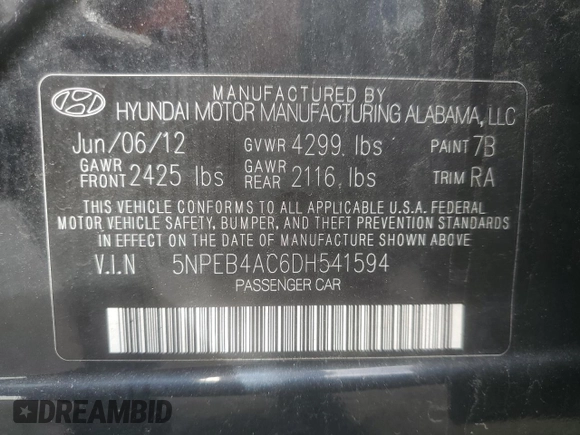 2013 Hyundai Sonata GLS z VIN 5NPEB4AC6DH541594, wystawiony jako Copart lot #56719425 z przebiegiem 114 988 mil mil oraz Szkoda całkowita • Salvage title. Historia ofert i sprzedaży dostępna na DreamBid. Obrazek 13.