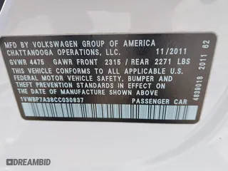 2012 Volkswagen Passat SE with VIN 1VWBP7A38CC030837, listed as a IAAI auction lot 41864669 with 169,816 mi miles. Bid and sale history available at carsss.com. Image 9.
