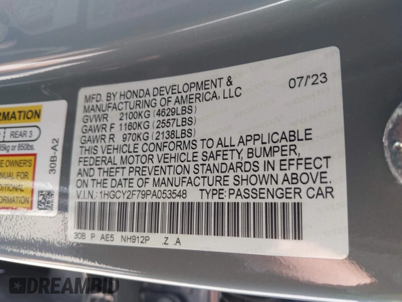 2023 Honda Accord Sport-L with VIN 1HGCY2F79PA053548, listed as a IAAI auction lot 41992524 with 50,334 mi miles and . Bid and sale history available at DreamBid. Image 9.