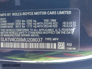 2021 Rolls-Royce Cullinan with VIN SLATV4C0XMU208037, listed as a IAAI auction lot 41402539 with 27,057 mi miles. Bid and sale history available at carsss.com. Image 9.