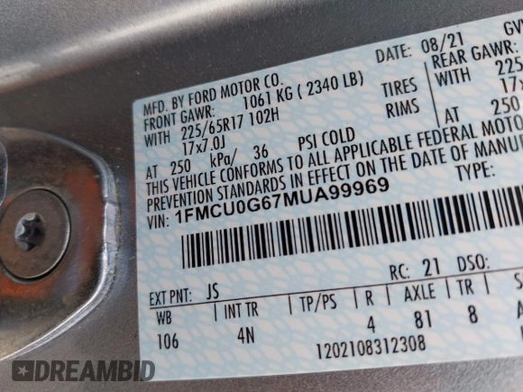 2021 Ford Escape SE с VIN 1FMCU0G67MUA99969, выставлен на аукционе IAAI как лот 42085819 с пробегом 57 221 миль миль и . История ставок и продаж доступна на DreamBid. Изображение 9.