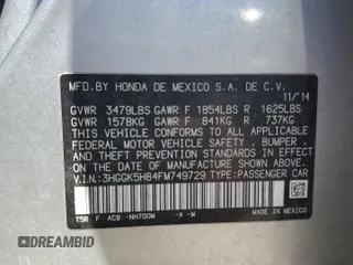 2015 Honda Fit EX-L with VIN 3HGGK5H84FM749729, listed as a Copart auction lot 61450914 with Not Provided miles and Salvage Title. Bid and sale history available at DreamBid. Image 13.