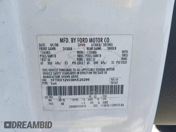 2008 Ford F-150 STX with VIN 1FTRX12W38KE25299, listed as a IAAI auction lot 41748495 with 202,914 mi miles and . Bid and sale history available at DreamBid. Image 9.