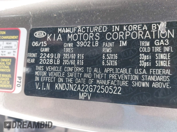 2016 Kia Soul with VIN KNDJN2A22G7250522, listed as a IAAI auction lot 41839460 with 141,825 mi miles. Bid and sale history available at carsss.com. Image 9.
