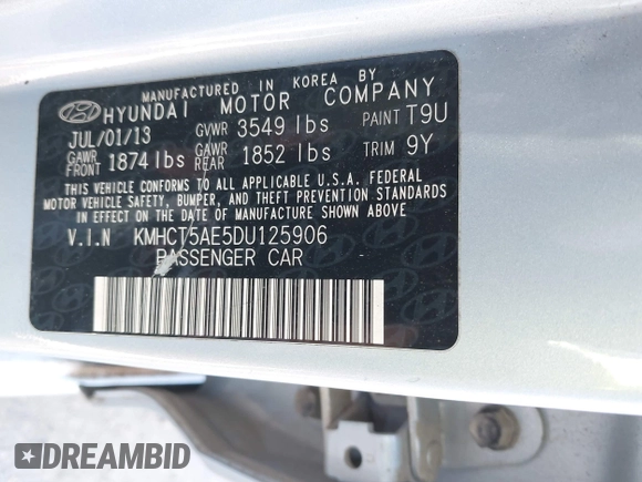 2013 Hyundai Accent GS with VIN KMHCT5AE5DU125906, listed as a IAAI auction lot 42282731 with 148,033 mi miles and . Bid and sale history available at DreamBid. Image 9.