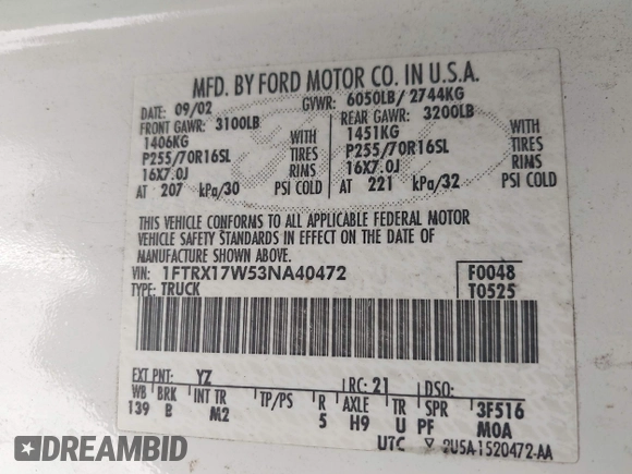 2003 Ford F-150 XL with VIN 1FTRX17W53NA40472, listed as a IAAI auction lot 42491035 with Not provided miles and . Bid and sale history available at DreamBid. Image 9.