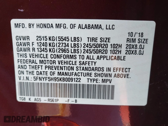2019 Honda Pilot Touring 8-Passenger z VIN 5FNYF5H95KB009122, wystawiony jako IAAI lot #41573338 z przebiegiem 85 845 mil mil oraz . Historia ofert i sprzedaży dostępna na DreamBid. Obrazek 9.