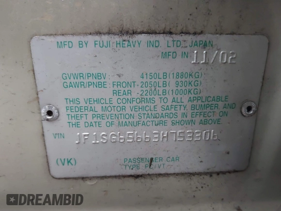 2003 Subaru Forester XS with VIN JF1SG65663H753306, listed as a IAAI auction lot 41311689 with 253,269 mi miles. Bid and sale history available at carsss.com. Image 9.