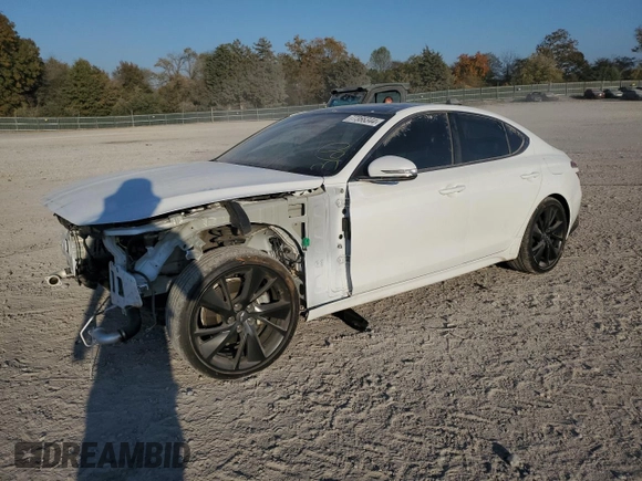 2023 Genesis G70 2.0T with VIN KMTG34TA3PU105184, listed as a Copart auction lot 77366344 with 36,582 mi miles and Salvage Title. Bid and sale history available at carsss.com. Image 1.