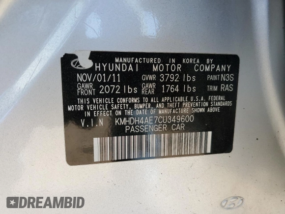 2012 Hyundai Elantra Limited with VIN KMHDH4AE7CU349600, listed as a Copart auction lot 57899385 with 146,076 mi miles and Salvage title. Bid and sale history available at DreamBid. Image 12.