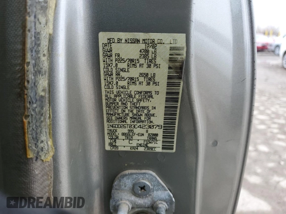 2003 Nissan Frontier XE with VIN 1N6DD26T03C423079, listed as a Copart auction lot 44593295 with 232,850 mi miles and Salvage title. Bid and sale history available at DreamBid. Image 12.
