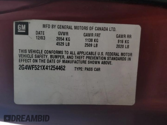 2004 Buick Regal GS with VIN 2G4WF521X41254462, listed as a Copart auction lot 81138414 with 86,563 mi miles and Non Repairable. Bid and sale history available at carsss.com. Image 12.