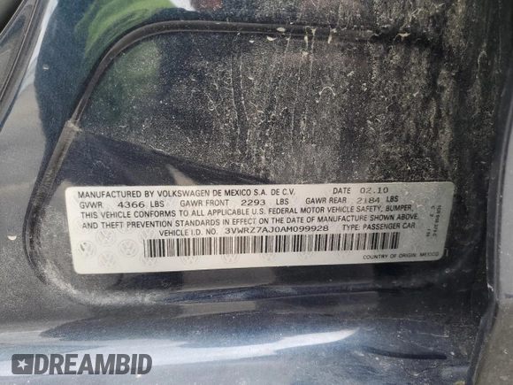 2010 Volkswagen Jetta Limited Edition with VIN 3VWRZ7AJ0AM099928, listed as a Copart auction lot 57291895 with 118,451 mi miles and Salvage title. Bid and sale history available at DreamBid. Image 12.