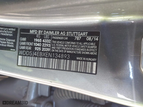 2014 Mercedes-Benz CLA-Class CLA 250 with VIN WDDSJ4EBXEN134893, listed as a IAAI auction lot 41144141 with 123,380 mi miles. Bid and sale history available at carsss.com. Image 9.