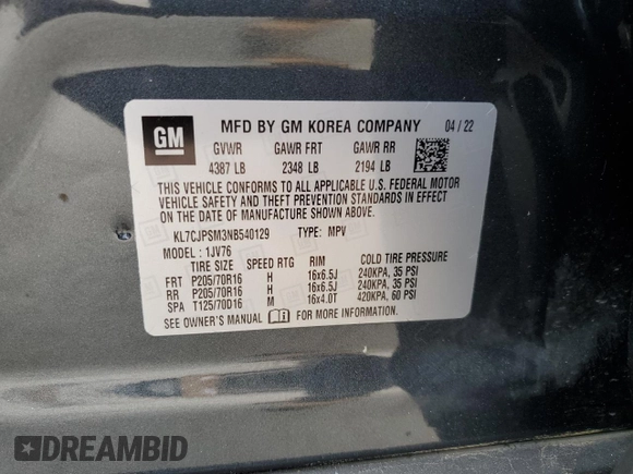 2022 Chevrolet Trax LT with VIN KL7CJPSM3NB540129, listed as a Copart auction lot 63597584 with 32,087 mi miles and Salvage title. Bid and sale history available at DreamBid. Image 12.