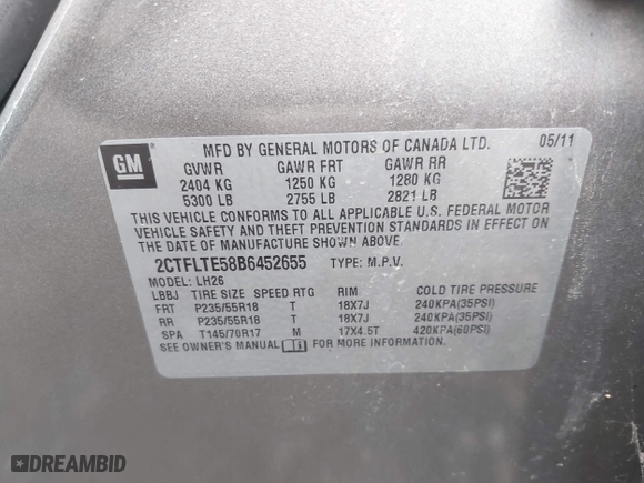 2011 GMC Terrain SLE-2 with VIN 2CTFLTE58B6452655, listed as a IAAI auction lot 41936508 with 159,570 mi miles. Bid and sale history available at carsss.com. Image 9.