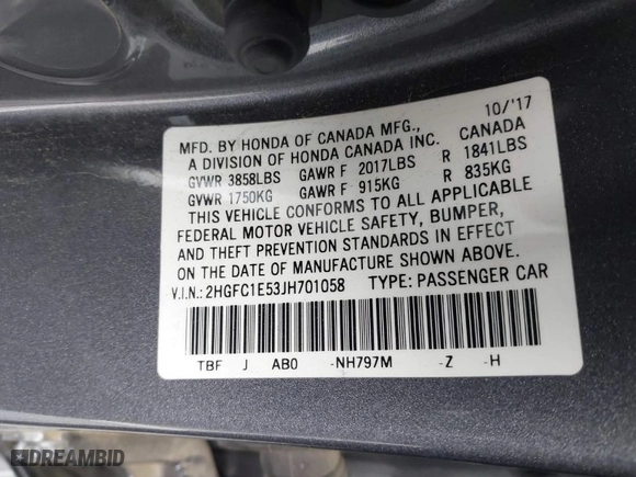 2018 Honda Civic Si Sedan with VIN 2HGFC1E53JH701058, listed as a IAAI auction lot 41457392 with 117,581 mi miles. Bid and sale history available at carsss.com. Image 9.