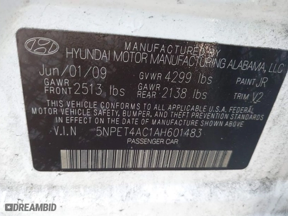 2010 Hyundai Sonata GLS with VIN 5NPET4AC1AH601483, listed as a IAAI auction lot 40658760 with 148,443 mi miles. Bid and sale history available at carsss.com. Image 9.
