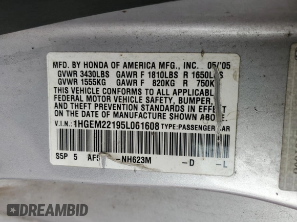 2005 Honda Civic VP with VIN 1HGEM22195L061608, listed as a Copart auction lot 49871944 with 165,986 mi miles and Salvage title. Bid and sale history available at DreamBid. Image 12.