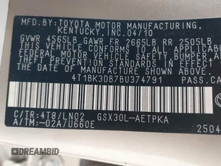 2011 Toyota Avalon with VIN 4T1BK3DB7BU374791, listed as a IAAI auction lot 39041827 with 205,600 mi miles and . Bid and sale history available at DreamBid. Image 9.