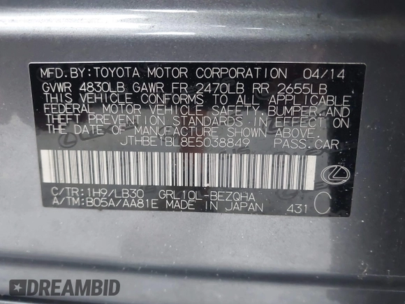 2014 Lexus GS 350 with VIN JTHBE1BL8E5038849, listed as a IAAI auction lot 35214694 with 102,788 mi miles. Bid and sale history available at carsss.com. Image 9.