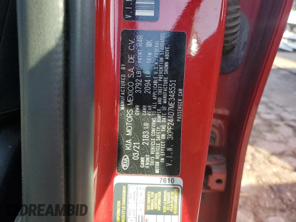 2021 Kia Forte LXS with VIN 3KPF24AD7ME348551, listed as a Copart auction lot 62141105 with 103,980 mi miles and Salvage title. Bid and sale history available at DreamBid. Image 12.