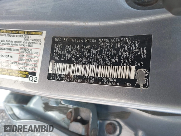 2006 Toyota Matrix STD with VIN 2T1KR32E86C559982, listed as a IAAI auction lot 42550705 with 247,334 mi miles and . Bid and sale history available at DreamBid. Image 9.