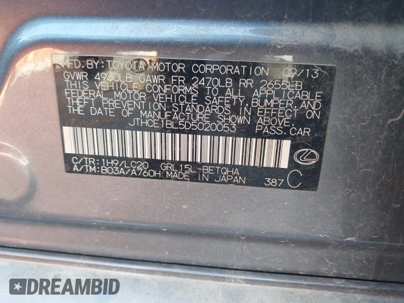 2013 Lexus GS 350 with VIN JTHCE1BL5D5020053, listed as a IAAI auction lot 42059191 with 155,250 mi miles and . Bid and sale history available at DreamBid. Image 9.