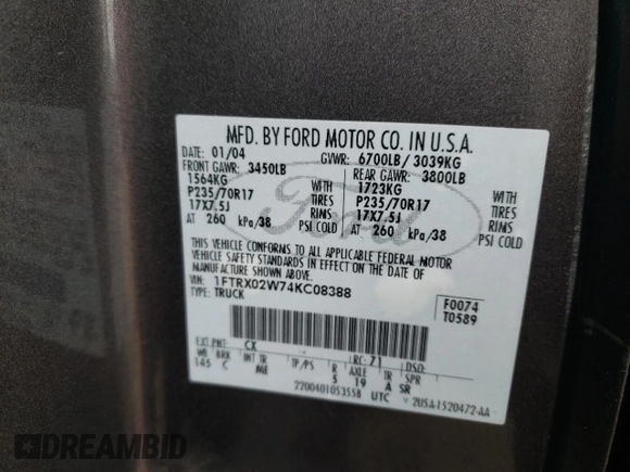 2004 Ford F-150 STX with VIN 1FTRX02W74KC08388, listed as a Copart auction lot 87290524 with 189,003 mi miles and Salvage title. Bid and sale history available at DreamBid. Image 14.