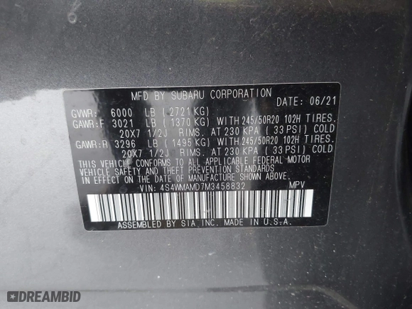 2021 Subaru Ascent Limited with VIN 4S4WMAMD7M3458832, listed as a IAAI auction lot 42046786 with 48,086 mi miles. Bid and sale history available at carsss.com. Image 9.