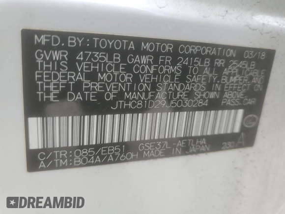 2018 Lexus IS with VIN JTHC81D29J5030284, listed as a Copart auction lot 52493275 with 52,964 mi miles and Salvage Title. Bid and sale history available at carsss.com. Image 12.