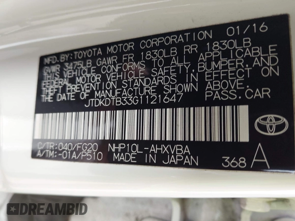 2016 Toyota Prius One z VIN JTDKDTB33G1121647, wystawiony jako IAAI lot #42020194 z przebiegiem 72 535 mil mil oraz . Historia ofert i sprzedaży dostępna na DreamBid. Obrazek 9.