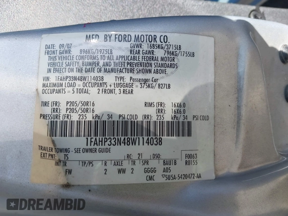2008 Ford Focus SE with VIN 1FAHP33N48W114038, listed as a IAAI auction lot 41533744 with 143,065 mi miles. Bid and sale history available at carsss.com. Image 9.