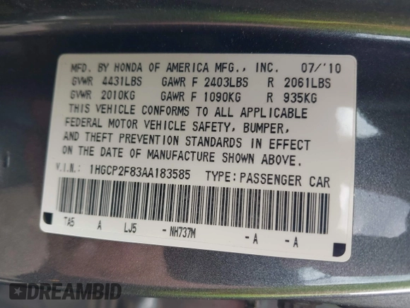 2010 Honda Accord EX-L z VIN 1HGCP2F83AA183585, wystawiony jako IAAI lot #42188640 z przebiegiem 184 637 mil mil oraz . Historia ofert i sprzedaży dostępna na DreamBid. Obrazek 9.