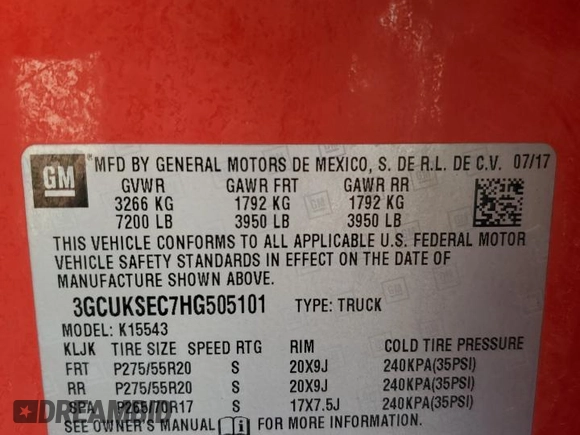 2017 Chevrolet Silverado 1500 LTZ with VIN 3GCUKSEC7HG505101, listed as a Copart auction lot 50999955 with 114,861 mi miles and Salvage Title. Bid and sale history available at DreamBid. Image 14.