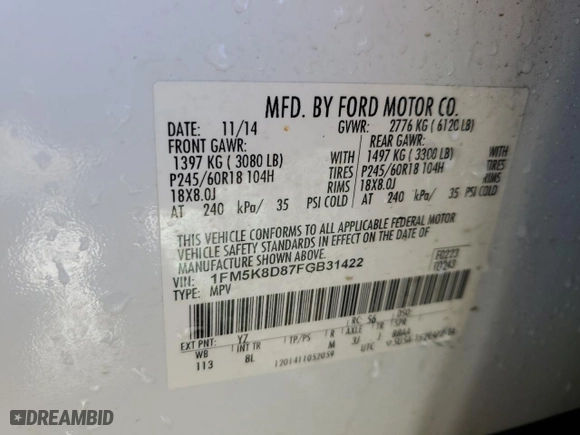2015 Ford Explorer XLT with VIN 1FM5K8D87FGB31422, listed as a Copart auction lot 46872815 with 98,838 mi miles and Salvage Title. Bid and sale history available at carsss.com. Image 14.