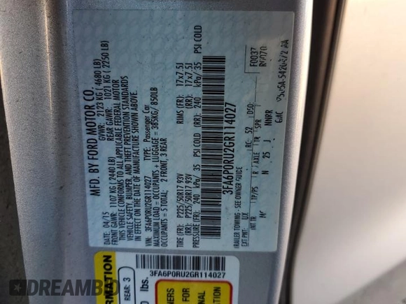2016 Ford Fusion Titanium Hybrid with VIN 3FA6P0RU2GR114027, listed as a Copart auction lot 85223884 with Not provided miles and Salvage title. Bid and sale history available at DreamBid. Image 12.